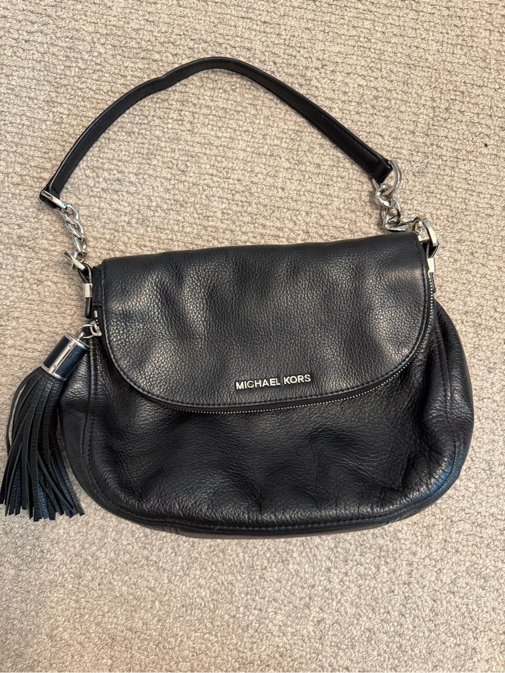 Michael Kors Black Pebbled Leather Shoulder Bag with Tassel
